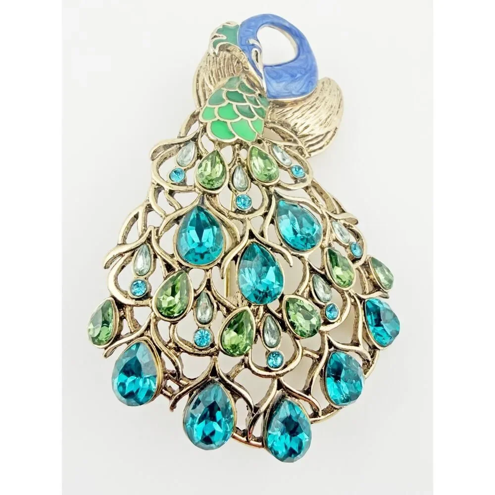 Dana Buchman Signed Peacock Brooch Blue Green Crystal Enamel Statement Pin